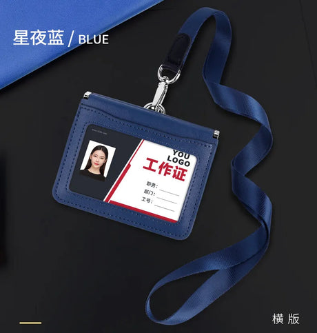 High Quality Genuine Leather ID Badge Holder Access Control Card Holders with Neck Lanyard Office Worker Magnet Hasp Campus Card