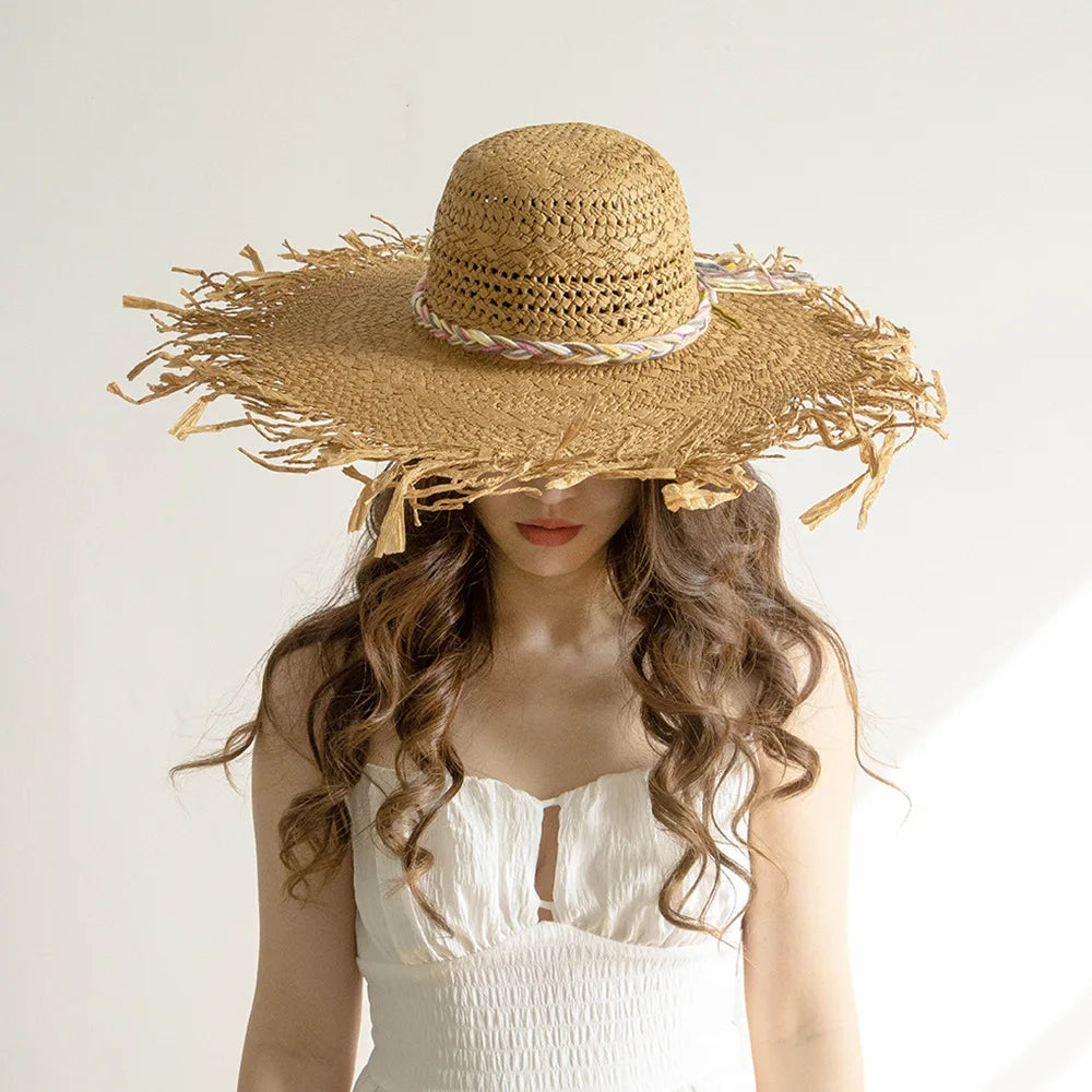 Spring Summer Luxury High Quality Sun Hats New Fashion Leisure Wool Rope Handwoven Fur Edge Round Top Big Eaf Straw Hat Beach