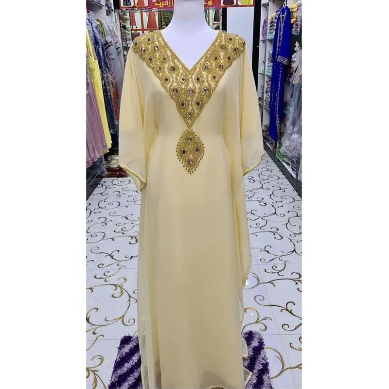 V-neck Kaftan Moroccan Dubai Caftan Abaya Fancy Long Crystal Beading Dress