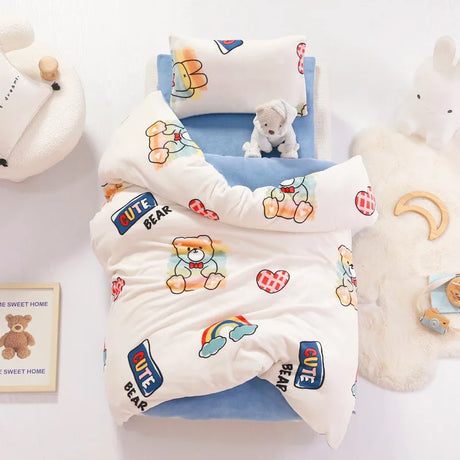 3pcs Cartoon Cotton Crib Linen Kit Baby Coral Fleece Bedding Set Includes Pillowcase Bed Sheet Duvet Cover Without Filler  CP11