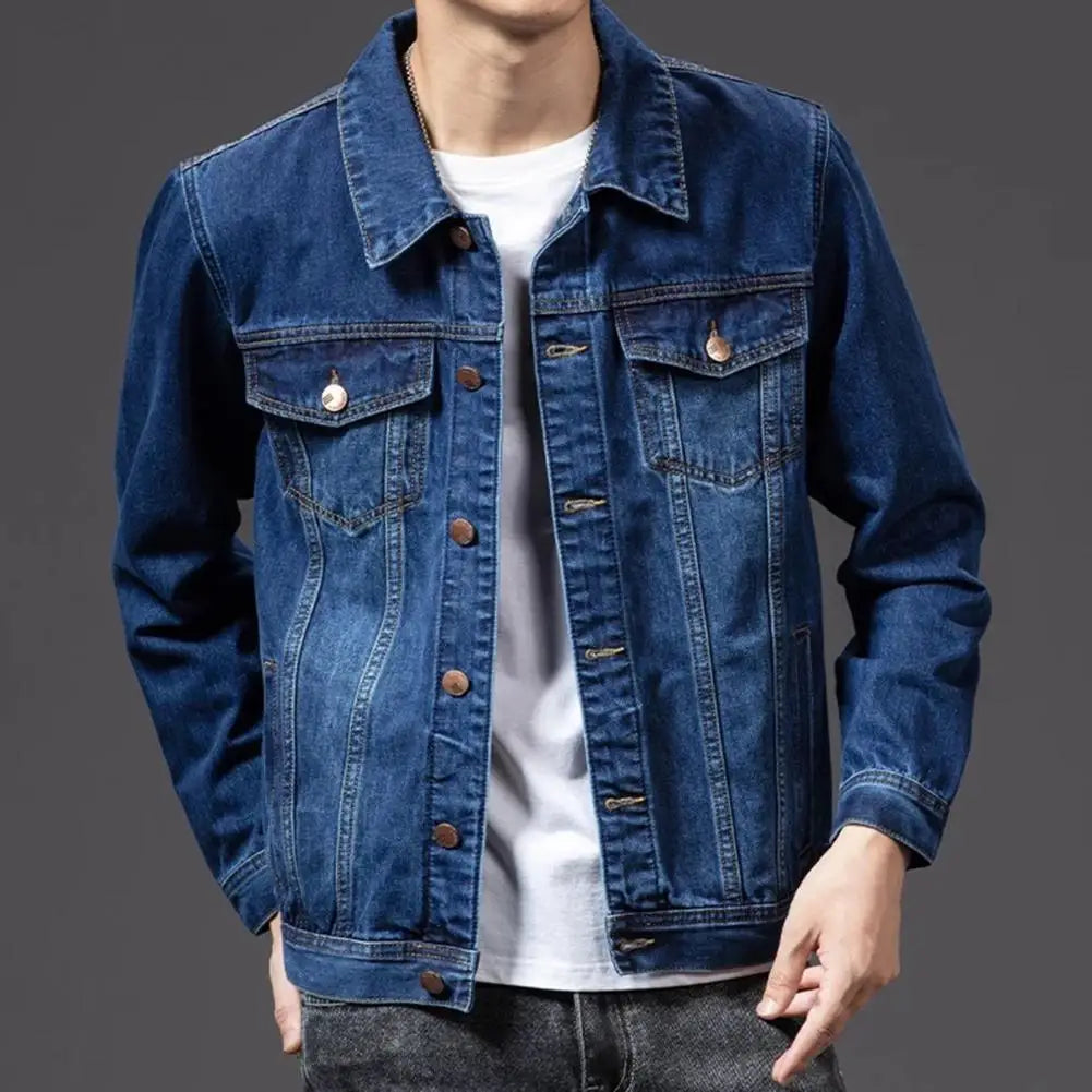 Men Denim Jacket Long Sleeves Multi Pockets Lapel Single-breasted Cardigan Loose Korean Style Men Spring Fall Coat