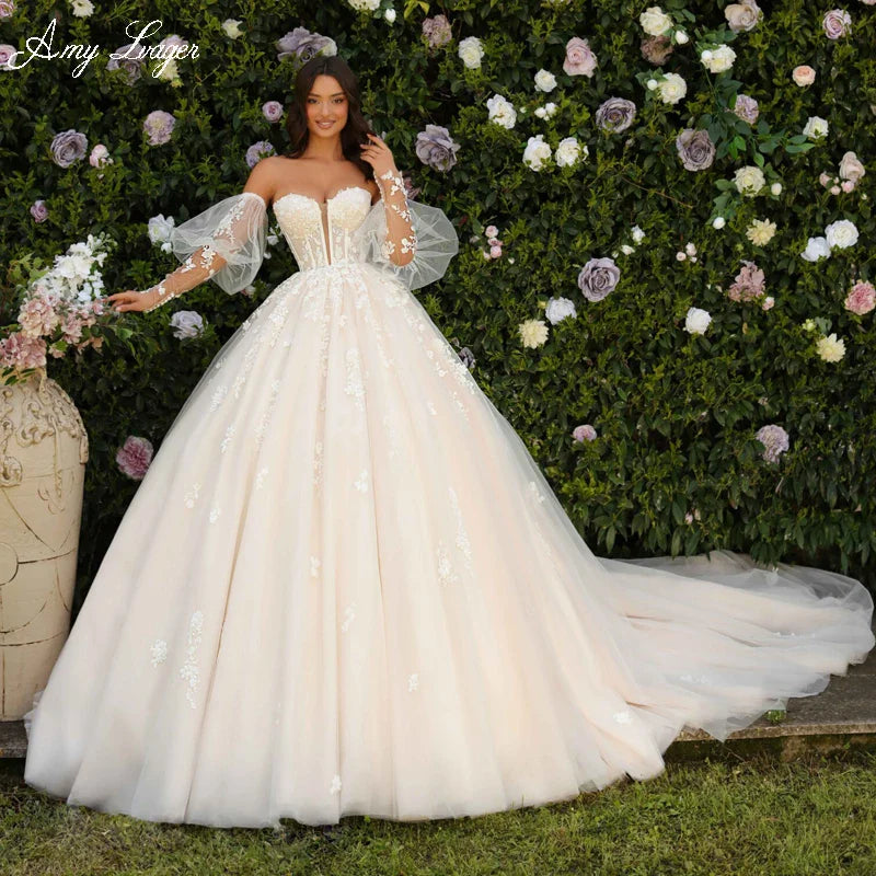 AmyLvager Charming Sweetheart Lace Up Ball Gown Wedding Dress 2024 Gorgeous Appliques Long Sleeve Princess Bridal Gown Customize