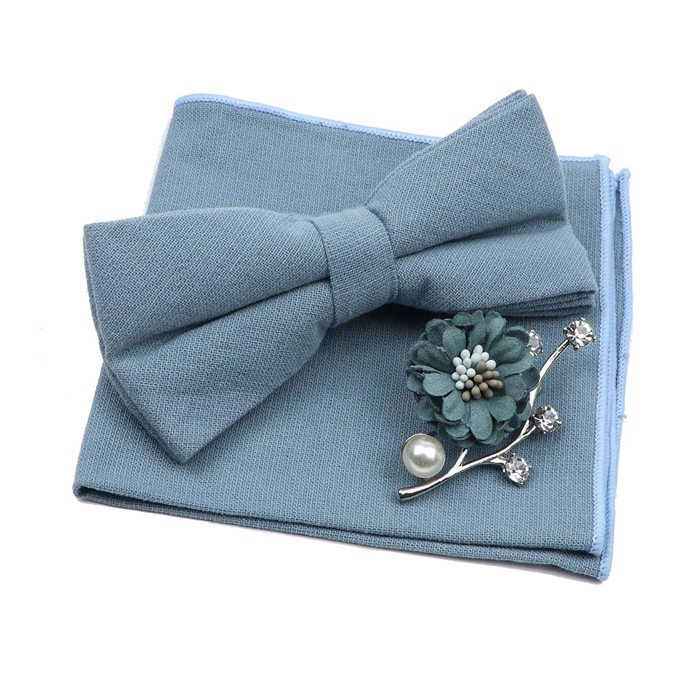 Solid Color Mens Bowtie Brooch Set 100% Cotton Pink Blue Bow Tie Flower Lapel Pin Romantic Wedding Party Suit Shirt Accessories