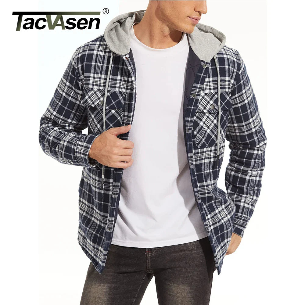 TACVASEN Cotton Flannel Shirt Jacket with Hood Mens Long Sleeve Quilted Lined Plaid Coat Button Down Thick Hoodie Outwear