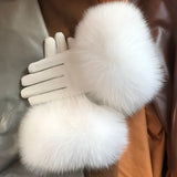 Real Sheepskin Fox Fur Gloves Women's Genuine Leather Glove Winter Warm Fashion Style Natural Fluffy Fox Fur Oversized Customize