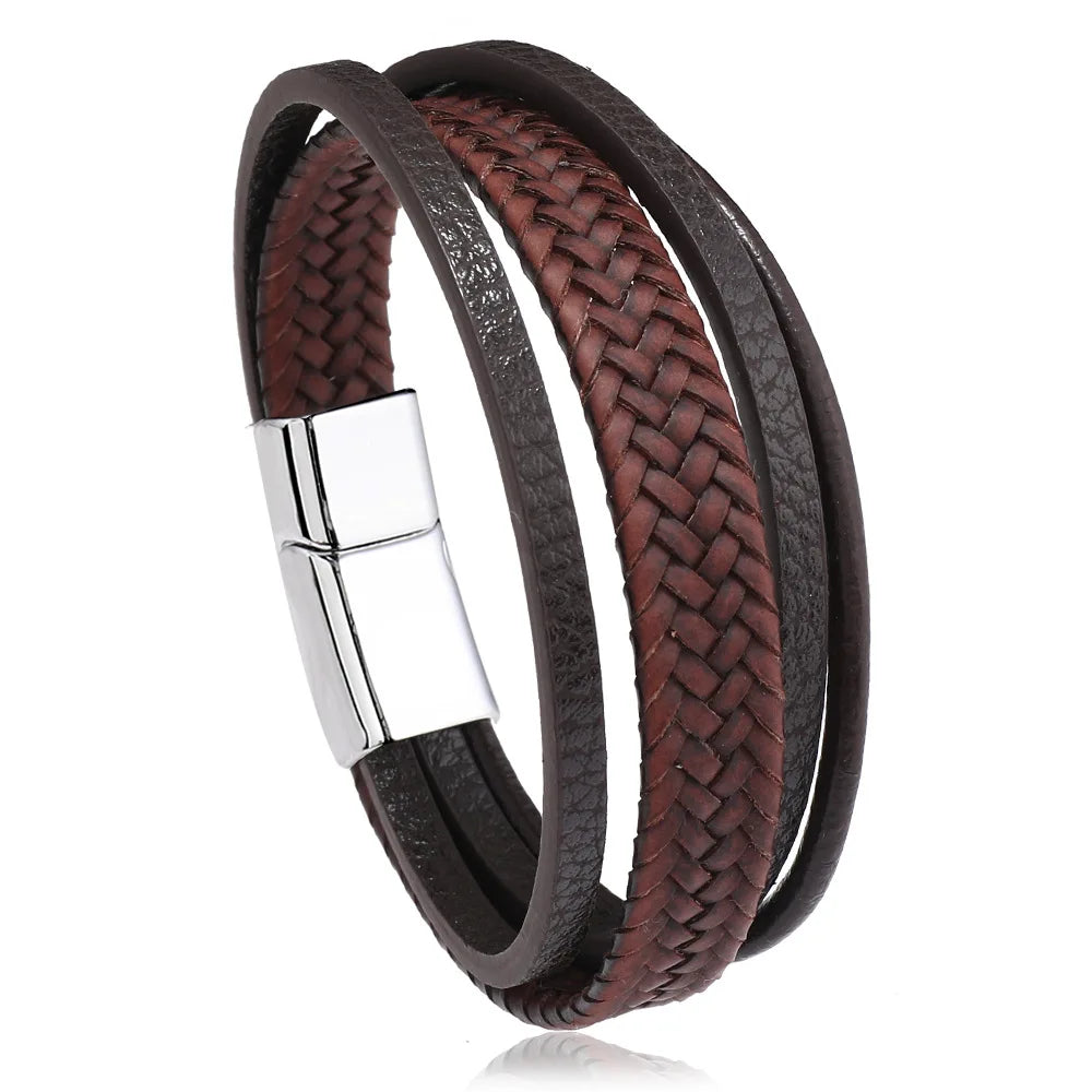 Trendy  Leather Bracelets Men Stainless Steel Multilayer Braided Rope Bracelets For Male Bracelets Jewelry Pulsera Hombre