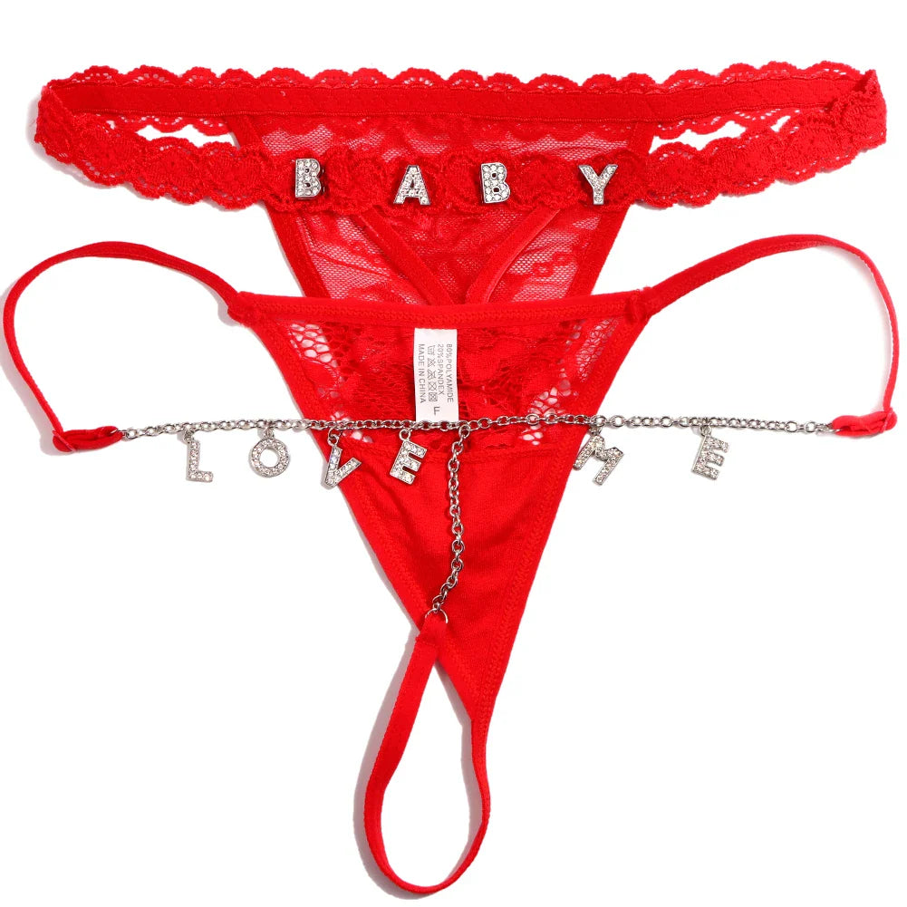 2PCS/set Mesh Lace Thong Panties With Customize Crystal Letters DIY Name Waist Chain Bikini Underwear Body Jewelry Couple Gifts