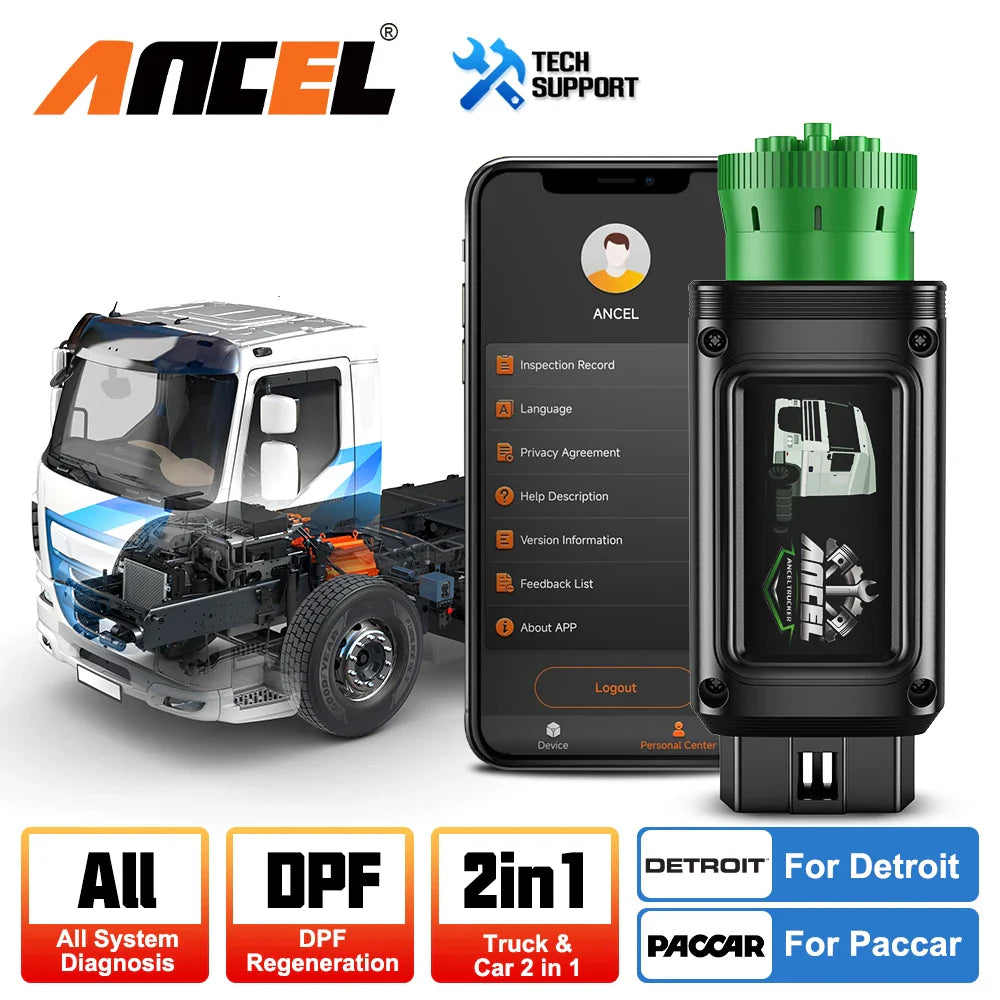 ANCEL HD110 Bluetooth Diesel Heavy Duty Truck Scanner All System DPF Regen for Detroit Paccar Diagnostic Scan Tool 9/12 Pin