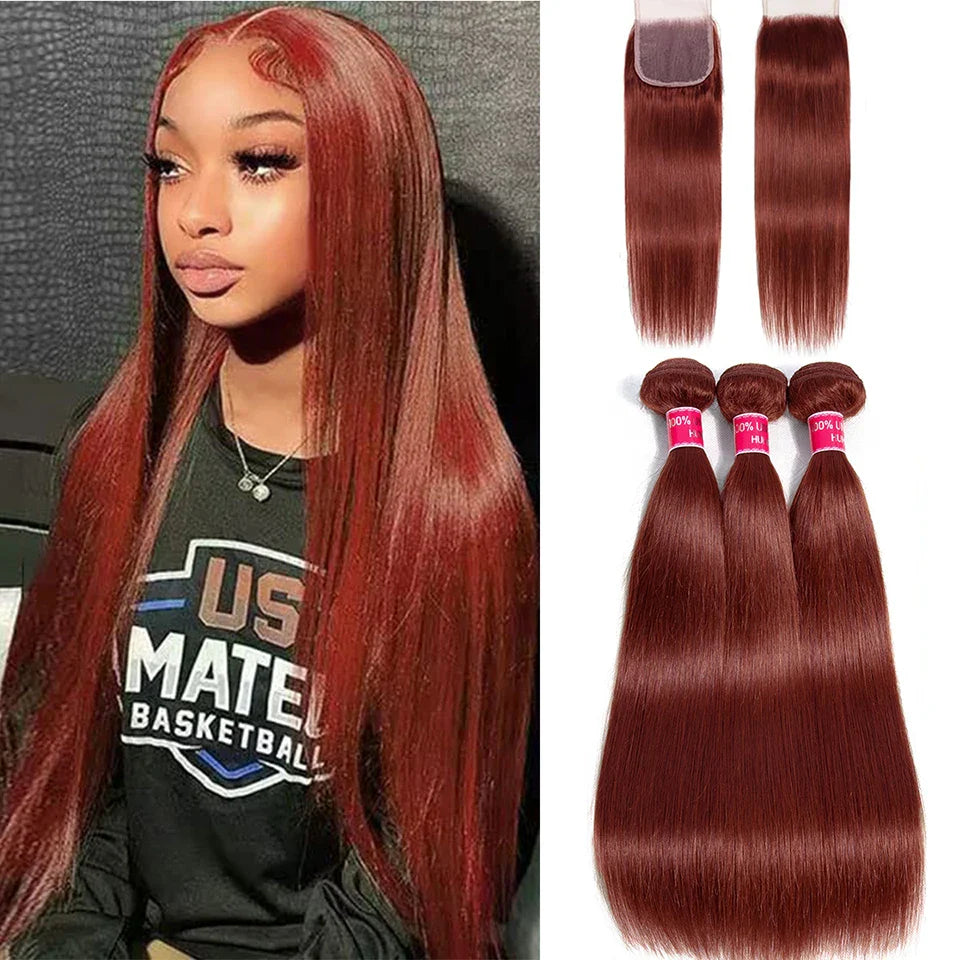 99J Straight Bundles With Closure Reddish Brown Straight Human Hair Bundles With 4x4 Closure Burgundy bundles with closure