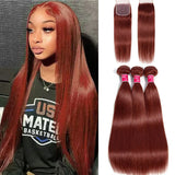 99J Straight Bundles With Closure Reddish Brown Straight Human Hair Bundles With 4x4 Closure Burgundy bundles with closure