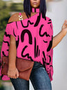 Plus Size Elegant Top, Women's Plus Graffiti Print Asymmetrical Shoulder Chocker Design Top