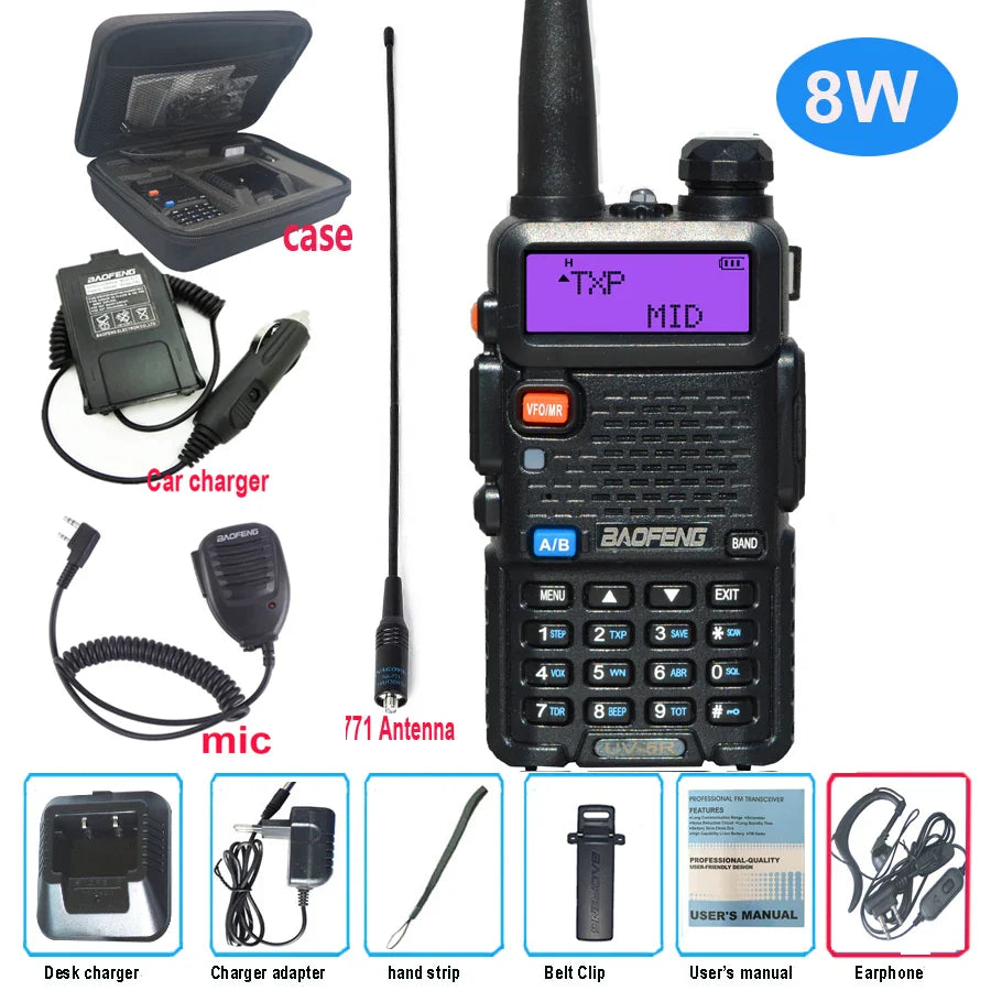 Baofeng UV 5R Walkie Talkie True 8W Portable Ham CB Radio Dual Band VHF UHF FM Transceiver Two Way Hunting Radios UV82 UV9R Plus