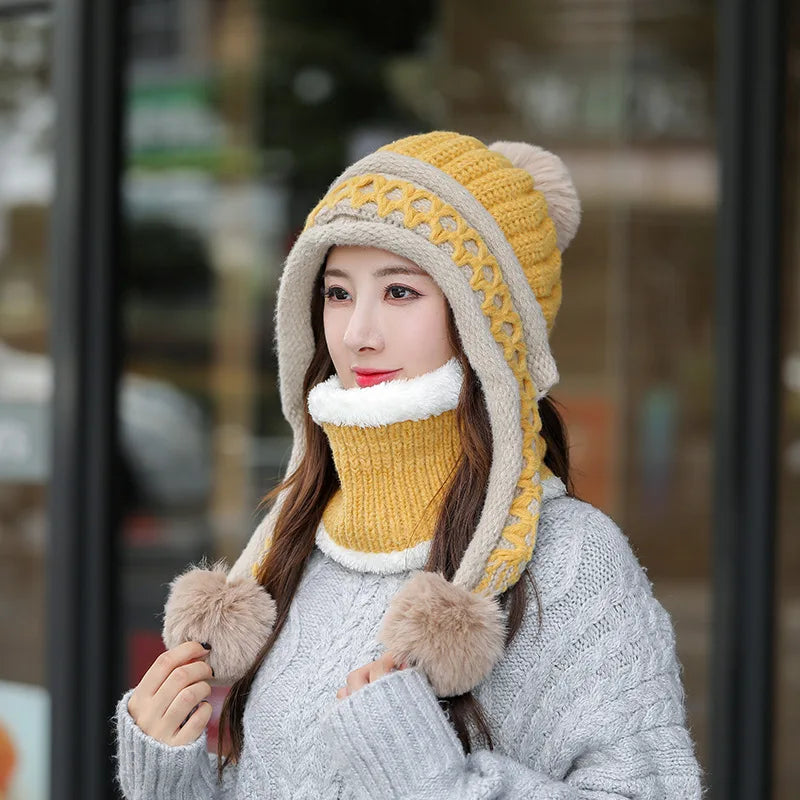 New Knitted Hat Thick Warm Earflap Hats Scarf 2Pcs Set Fleece Lined Ball Pompom Skullies Beanies Women Winter Rabbit Fur Cap