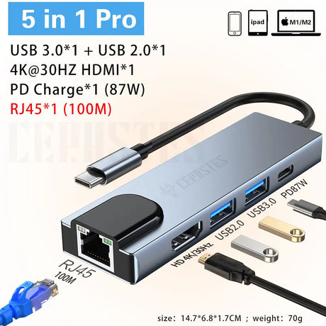 CERASTES NEW USB C HUB Type C to Multi 4KHD RJ45 VGA 4 USB 3.0 PD Power Adapter Docking Station for MacBooks Laptop Hub