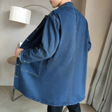 Mid-length Denim Windbreaker Jacket Men Spring Autumn Casual Trench Coat Korean Fashion Solid Wild Loose Male Trendy Outerwear