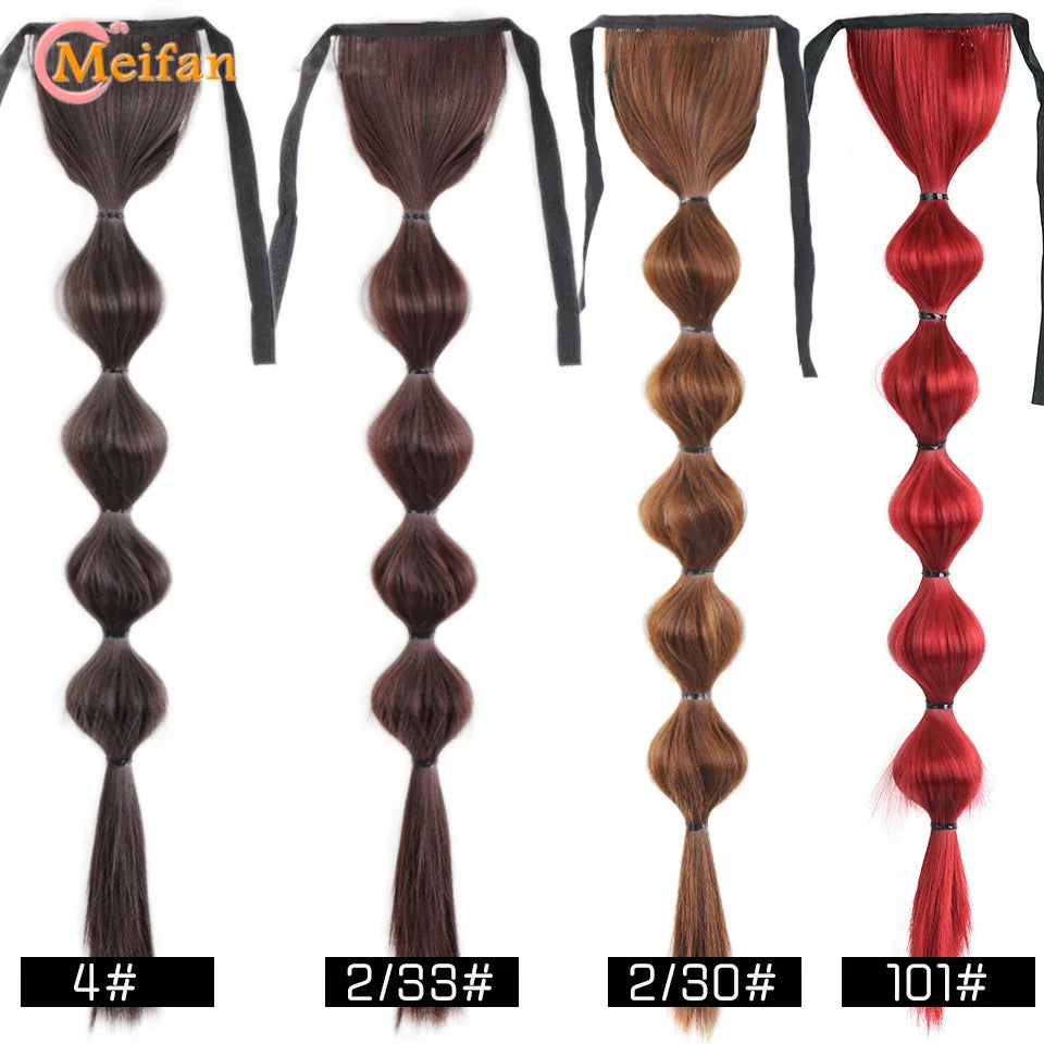 MEIFAN Synthetic Long Hair Lantern Bubble Ponytail Clip in Drawstring Brown Bubble Braids Natural Fake Pony Tail Hair Extensions