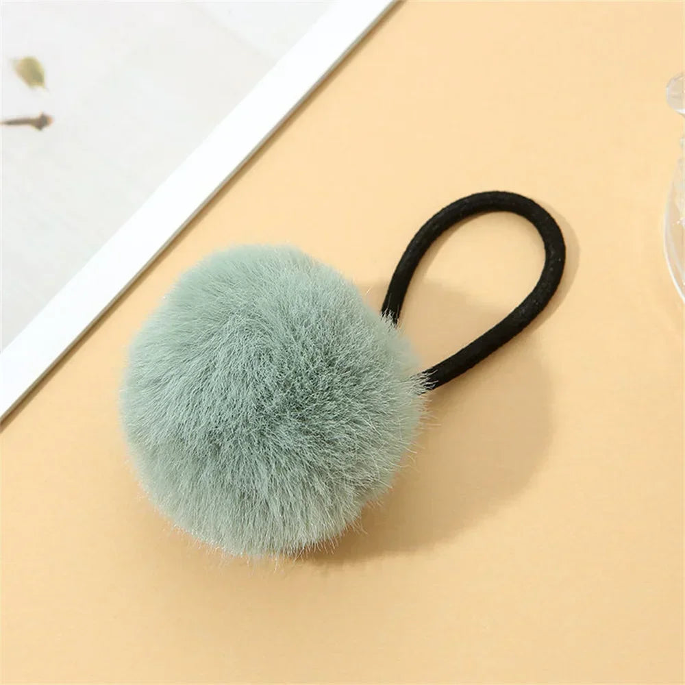 Cute Fur Ball Plush Hair Rope High Elastic Black Hair Ties With Pompom Women Toddler Girls Ponytail Holder Seamless Rubber Bands