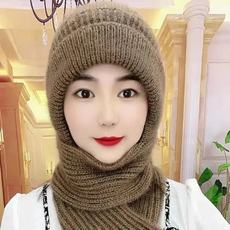 Fashion Winter Women Windproof Hat and Scarf in One Piece Knited Caps Warm Casual Hat Scarf Set Women Caps Warmer Cycling Hat