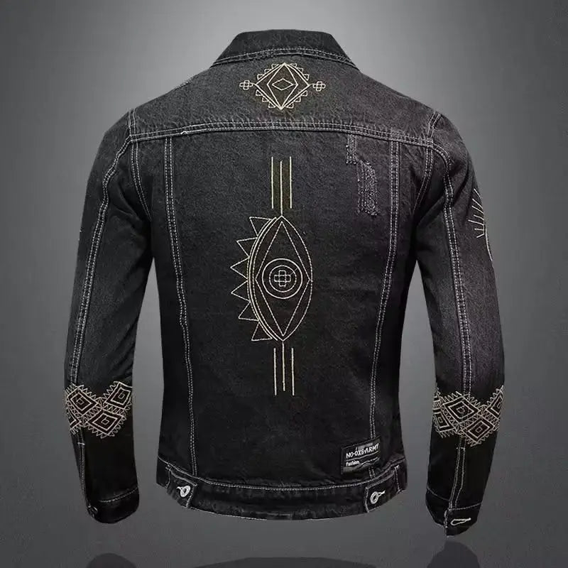 New Spring and Autumn Men's Denim Jacket Classic Retro Embroidered Lapel Motorcycle Jacket Trendy Fashion Loose Casual Denim Top