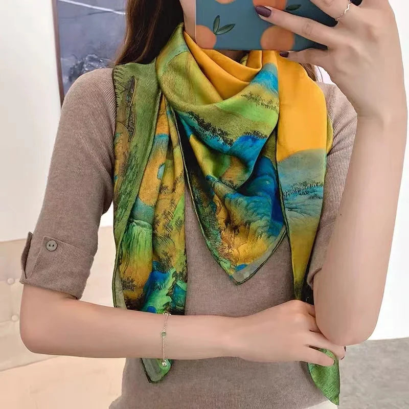 BYSIFA Yellow Green Scarves Bufandas Female Scarfs Shawl Fashion Elegant Satin Square Scarves Fall Winter Brand Silk Scarf Hijab