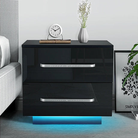 Modern Luxury LED Light Nightstand w/2 Drawers Organizer Storage Cabinet Bedside Table Bedroom Furniture for Night 20 Colors