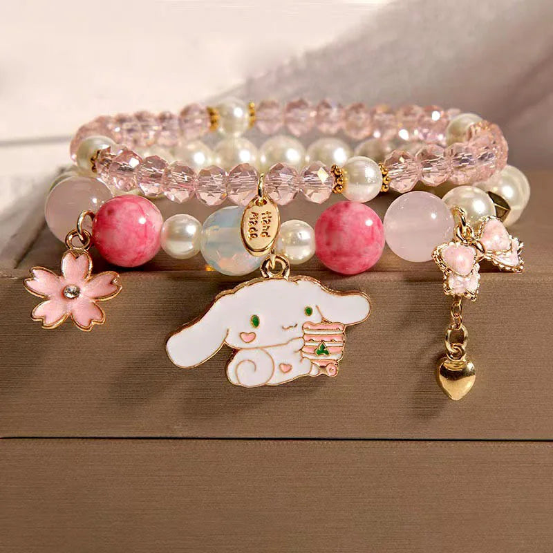 Sanrio Anime Summer Clear Jade Osmanthus Dog Bracelet Lovely Sweet Girl Student Crystal Bead Chain Animation Derivatives Gift