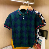 Spring Summer Men Short Sleeve Polo Shirt Male Plaid Contrast Color Slim Fit Mesh Fabric Ventilate Golf Polo Shirt 2024 W49