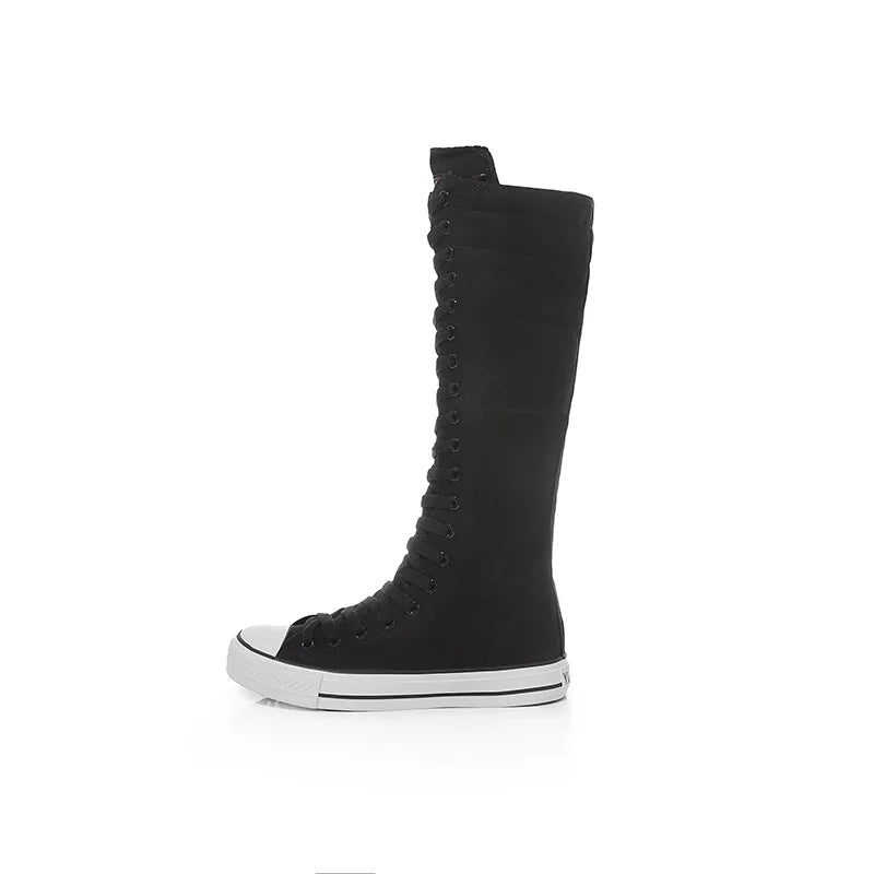 High Top Women's Canvas Shoes Knee High Boots Side Zipper Flats Vulcanized Shoes Lace-Up Comfortable Platform Sneakers Female