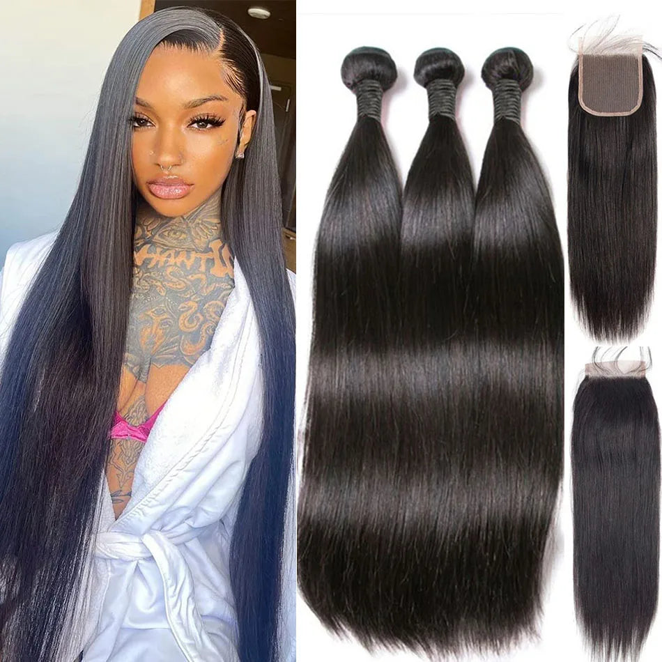 Bone Straight Bundles With Closure Brazilian Hair Weave Bundles With Closure 30 Inch Naturel Hair Bundles with Lace Frontal Hair