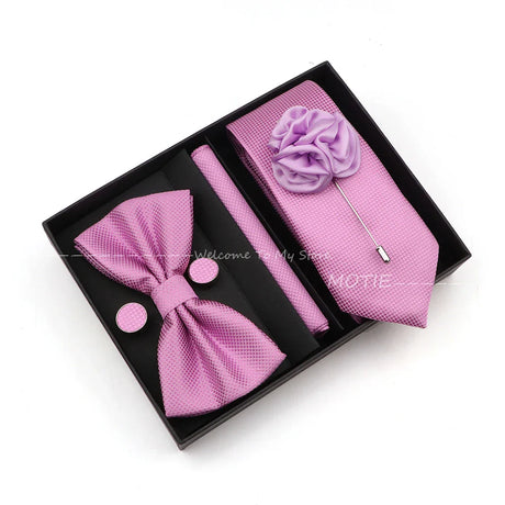 Solid Color Slim Plaid Ties Set With Box Purple Pink Bowties Handkerchiefs Brooches Cufflinks For Wedding Suit Accessories Gifts