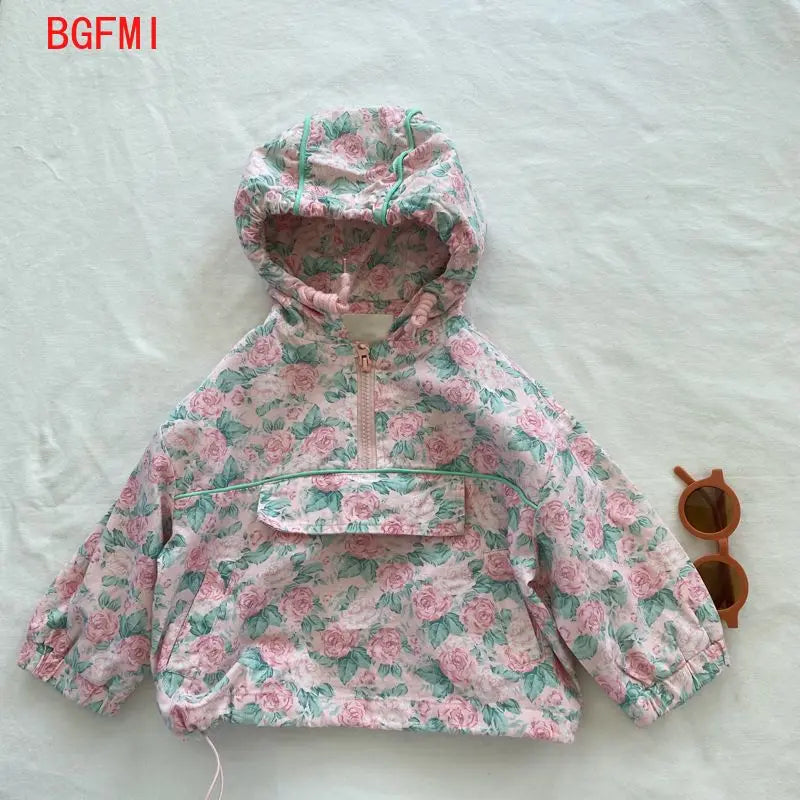 90-130cm Children's Pink Floral Flower Hooded Coat Toddler Girls 2023 Autumn Girls' Korean Pullover Windproof and BreathableTop