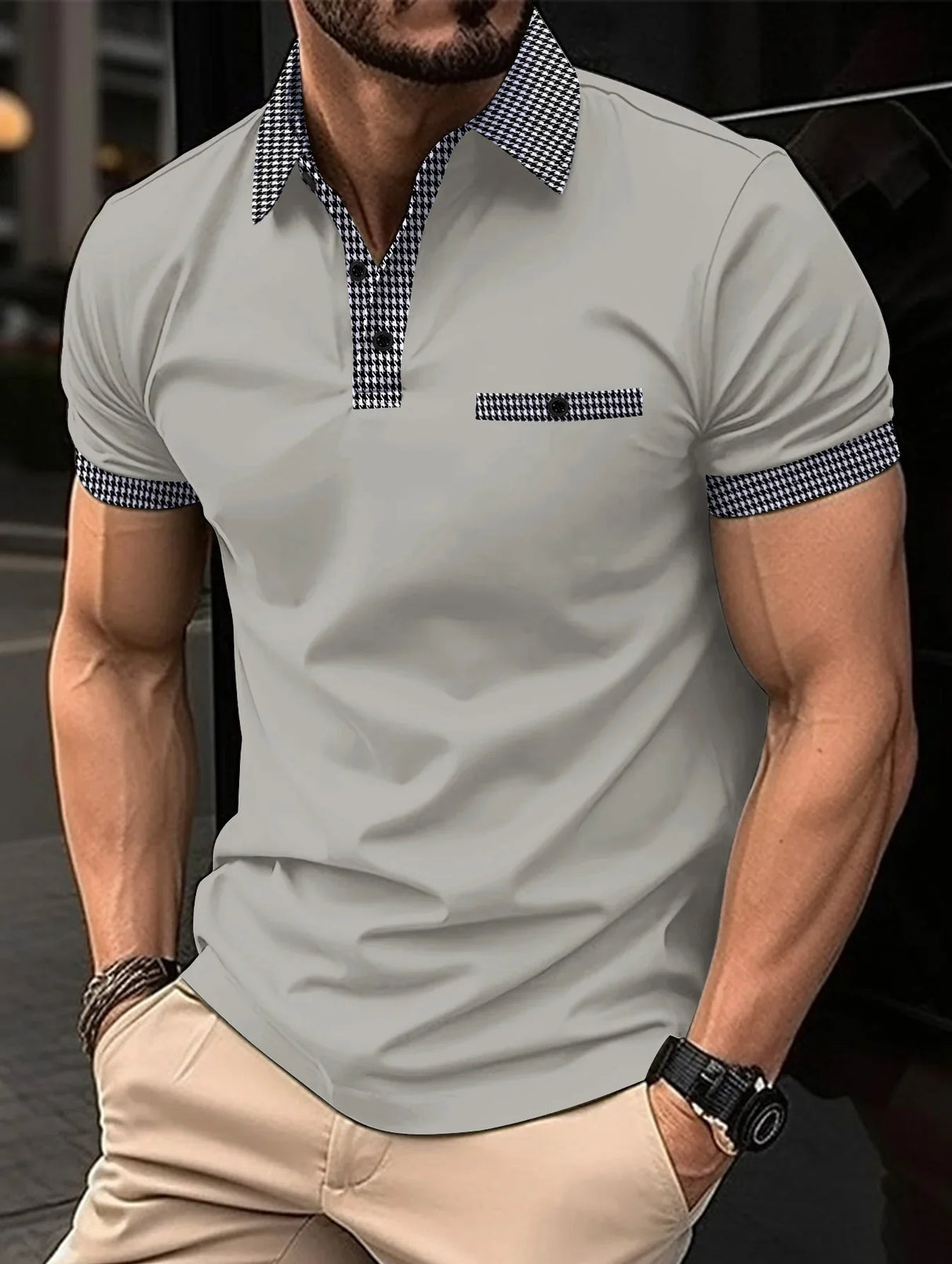 2023 Fashion Men's Short Sleeve Polo Shirt Man Plaid Collar POLO Tee Male Casual Collar T-Shirt Clothing