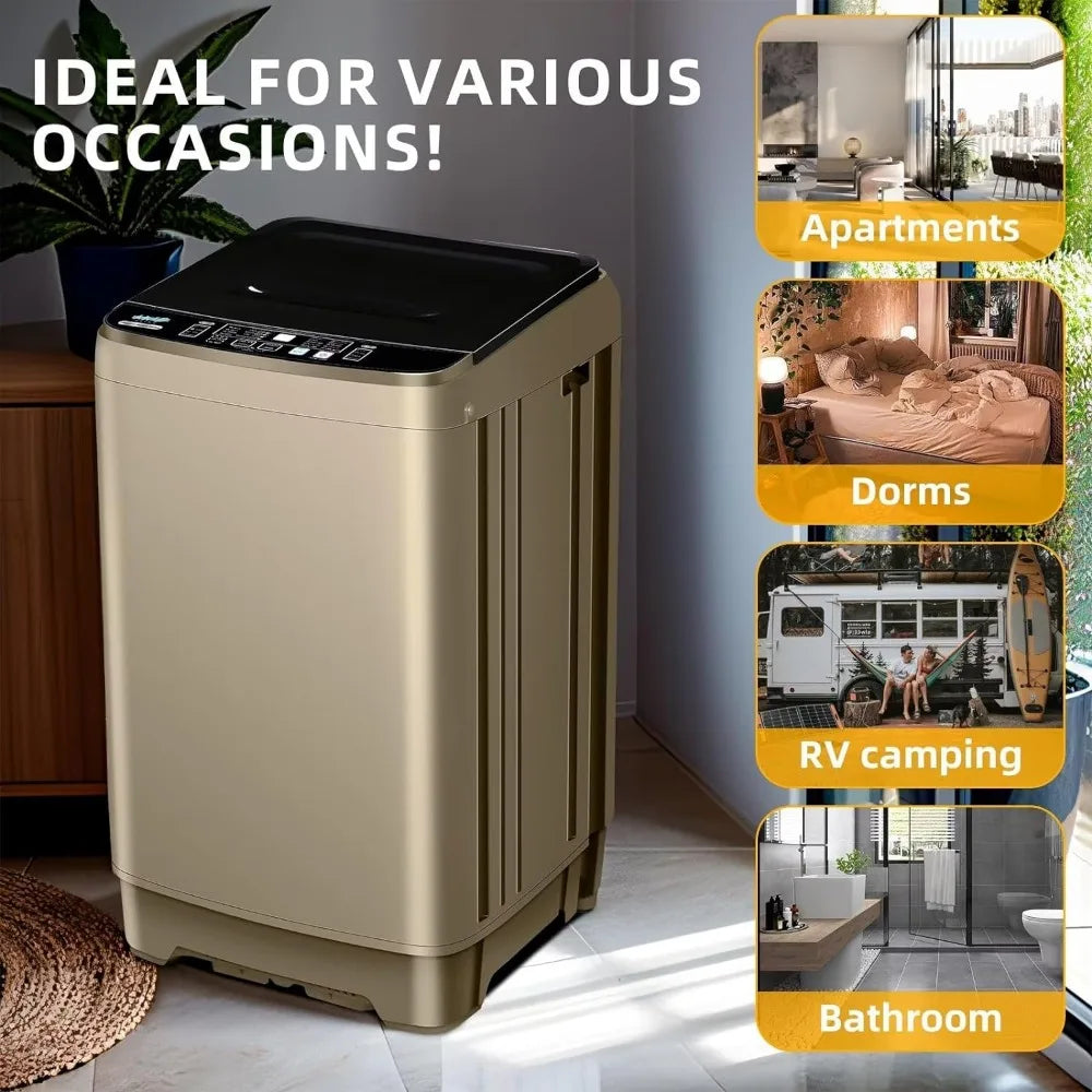 15.6lbs Full-Automatic Washing Machine, Portable Compact Laundry Washer with Drain Pump, 10 Programs 8 Water Levels , Dark-Gold