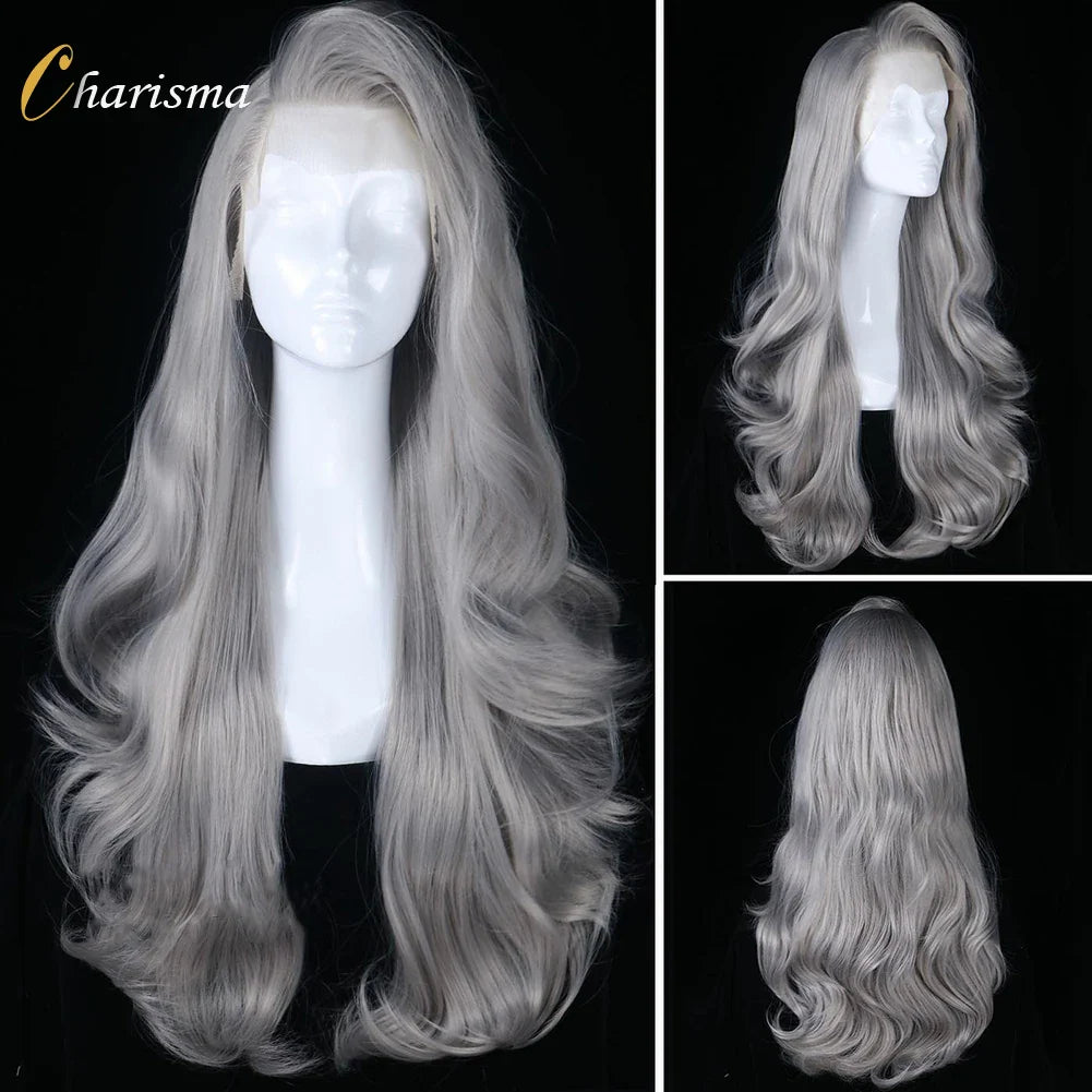 Charisma Long Body Wave Lace Front Wig Synthetic Hair Full Density Glueless Lace Frontal Wigs for Women Cosplay Silver Grey Wig