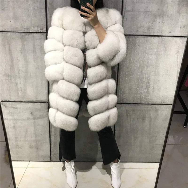 New Lady Winter Natural White Long Real Fox Fur Coat Women