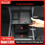 3PCS For Tesla Model 3 Highland 2024 Central Control Storage Box Flocking ABS Central Organizer Stowing Tidying Car Accessories