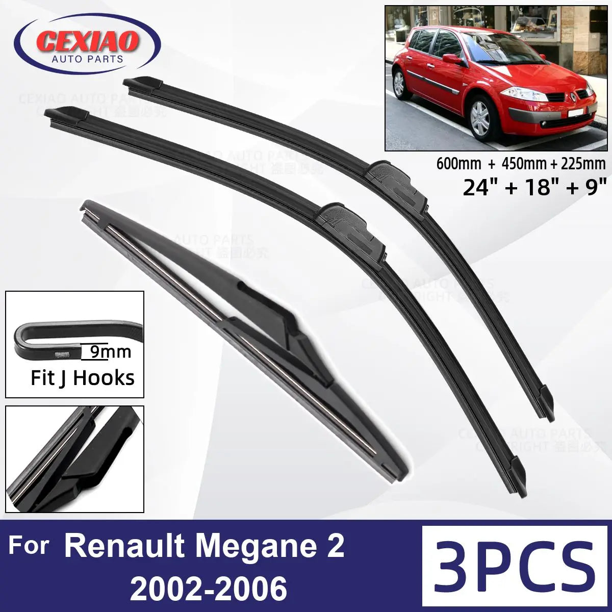 For Renault Megane 2 2002-2006 Car Front Rear Wiper Blades Soft Rubber Windscreen Wipers Auto Windshield 24"18"9" 2003 2004 2005