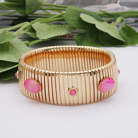 25mm Wide Spring Chain Bracelet For Woman Copper Bangle Natural Stone Malachite Bohemia Exquisite Gold Color Fashion Jewelry