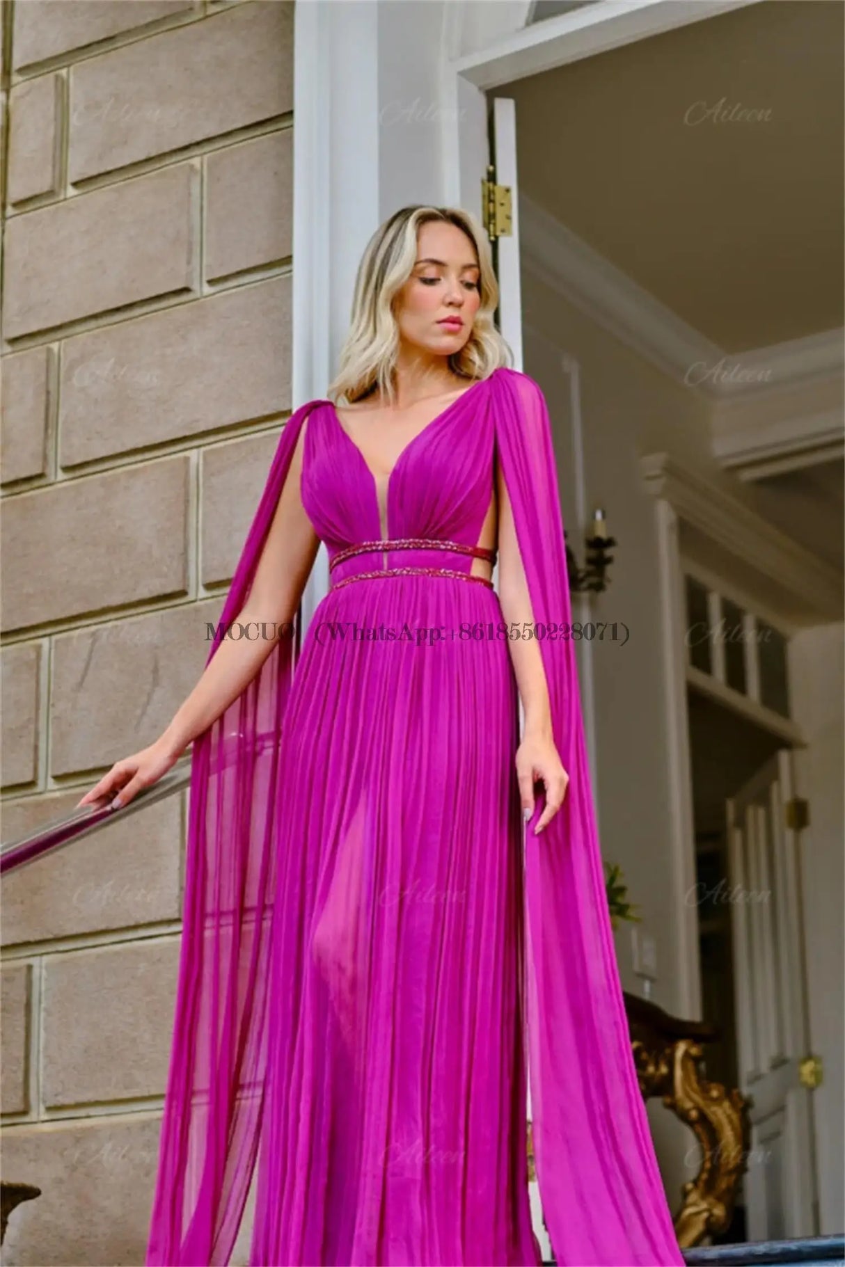 Rose Red Bespoke Occasion Dresses for Women Party Wedding Evening Chiffon Aileen V-neck Simple and Elegant Formal Dress Robe