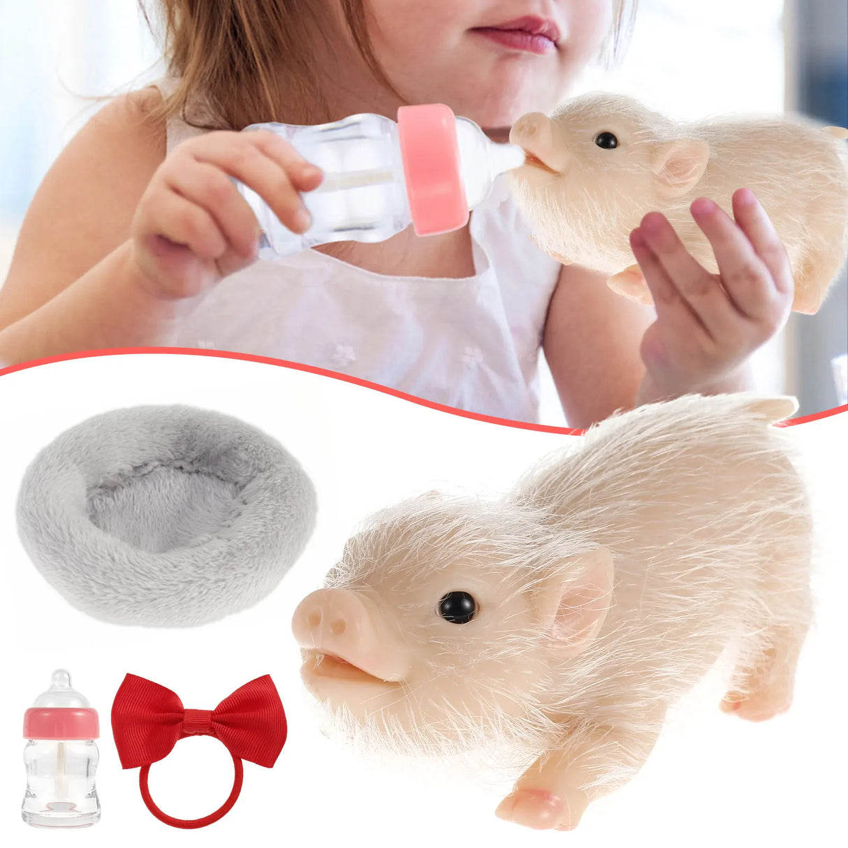 Silicone Pig Doll Toy with Pig Bowknot Nursing Bottle Sleeping Pad Mini Soft Lifelike Animal Pig Doll Cute Realistic Reborn Pig