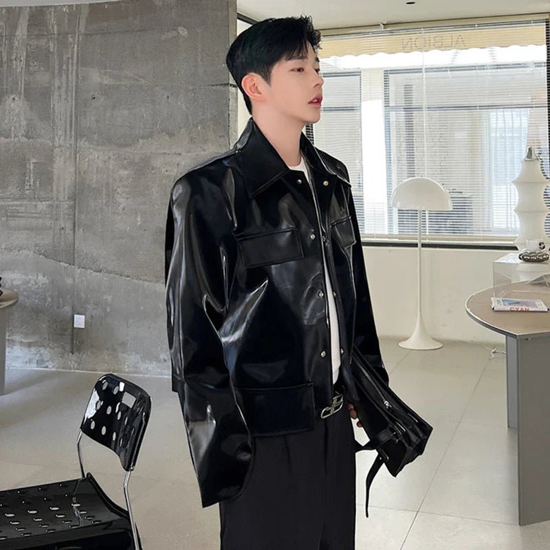 IEFB Elegance Men's Jackets Autumn New Trendy Male Clothing Personality Shiny Leather Short Coat Korean Style Luxury Tops 9C1608