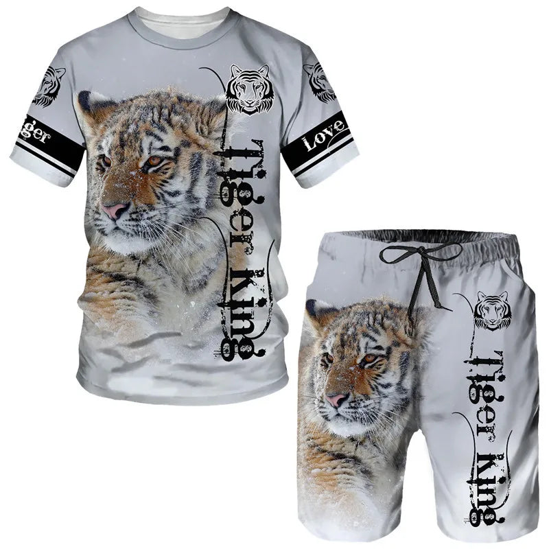 2023 Men T-shirt Set Tracksuit Training Wear Lion Pattern T-Shirt Shorts Casual Suit Oversized 2 Piece Set Sports Men Clothes