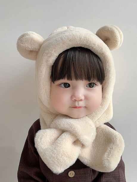 Winter Baby Hat One-Piece Faux Fur Kids Hat Hooded Scarf Bear Ears Warm Neck Ear Cap for Girls Boys Windproof Beanies Infant Cap