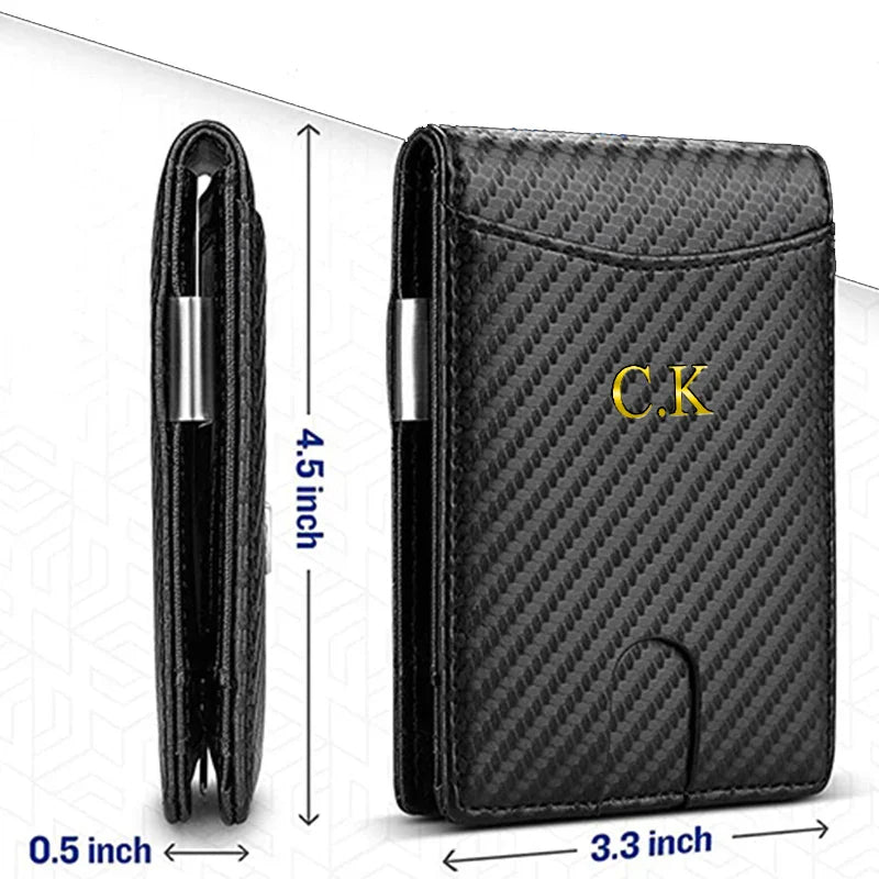 Personalized Custom Initials Name Rfid Carbon Fiber Card Holder Wallets Men Business Small Mini Money Bag Leather Wallet for Men