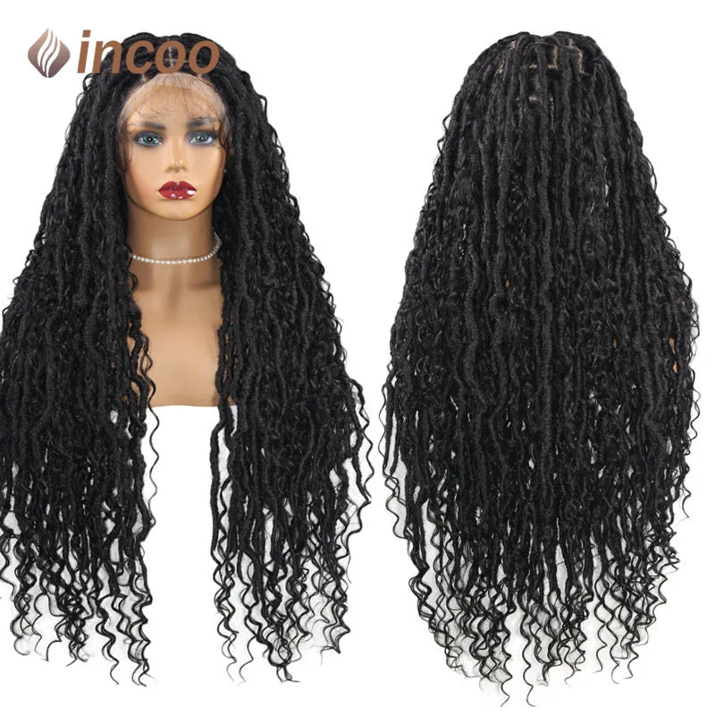 32" Synthetic Full Lace Front Wigs Locs Braided Wig With Curly Hair Pre Pluck Box Twisted Braided Wigs Goddess Boho African Wigs