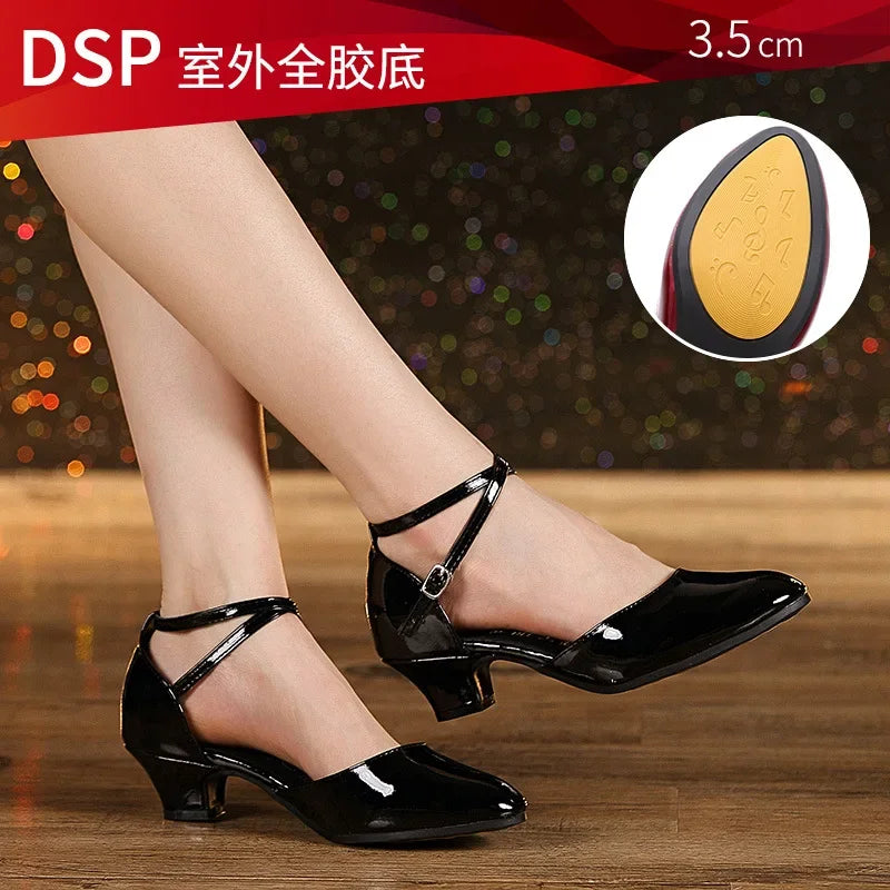 Women Glitter Leather Latin Dance Shoes Closed Toe Soft Sole Salsa Modern Shoe Tango Ballroom Dancing Shoes 3.5cm/5.5cm  Heel