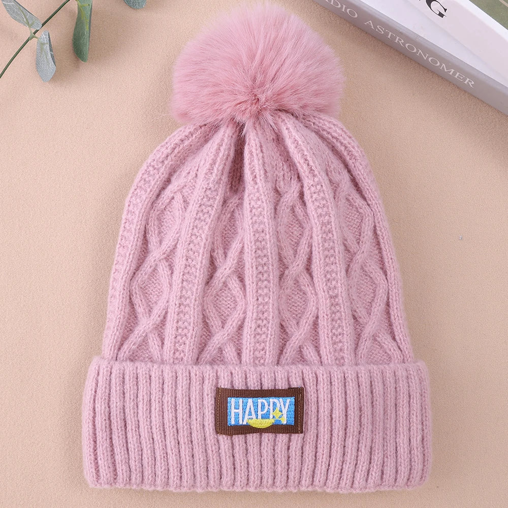 Winter Fur Pom Knitted Beanies Hat Female Plush Thicken Fleece-lined Warm Hats for Women Girl's Outdoor Woolen Thermal Gorro Cap