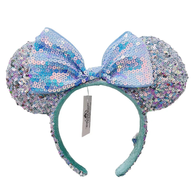 Disney Mickey Mouse Ear Headband Green Mermaid Hair Hoop Fish scale sequin mesh Ribbon Party Headwear Girl Toy Birthday Gift