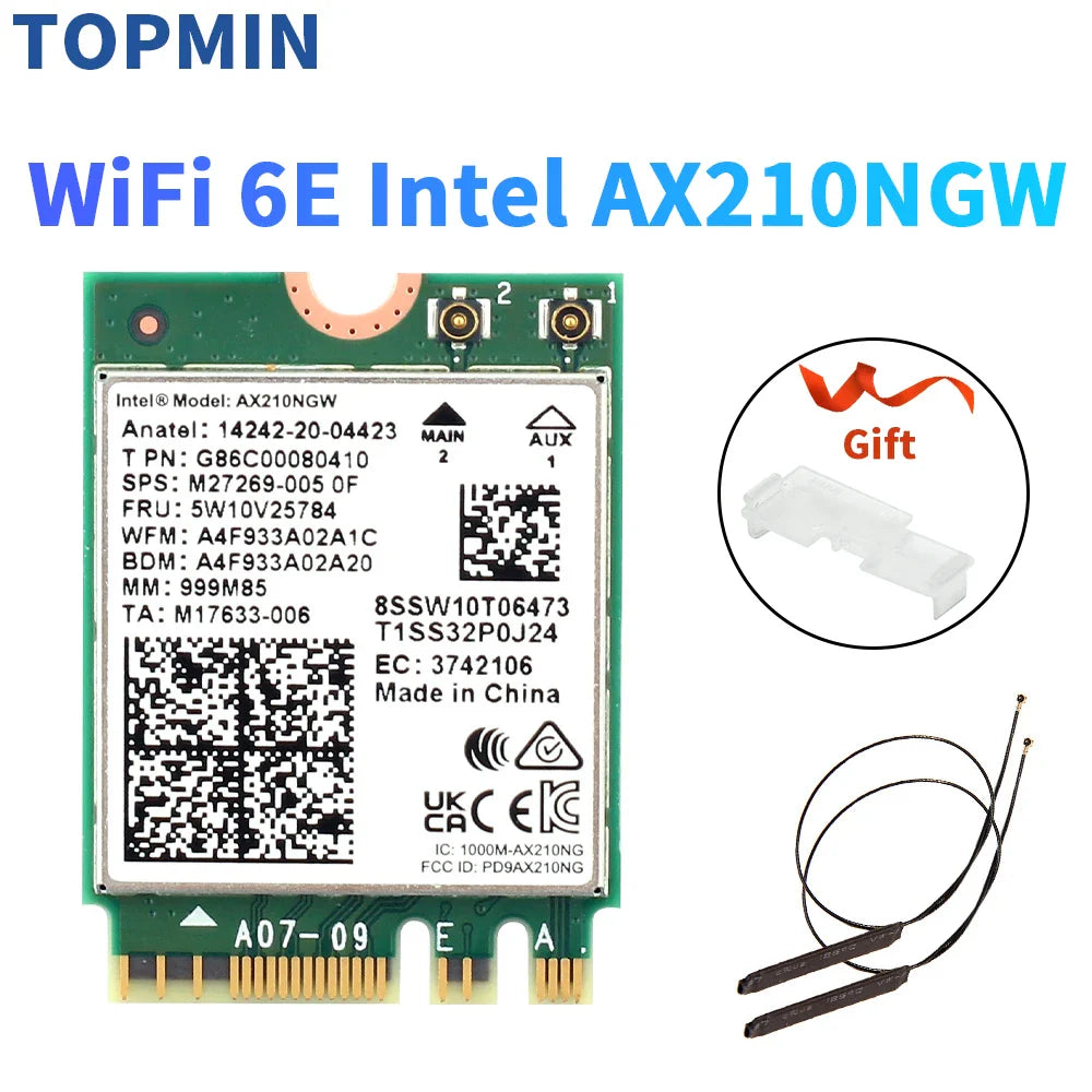 5374Mbps Intel AX210 Wifi 6E M.2 NGFF Wireless Card Bluetooth 5.3 AX210NGW Network Card 2.4G/5Ghz 802.11ax WiFi Adapter Antenna