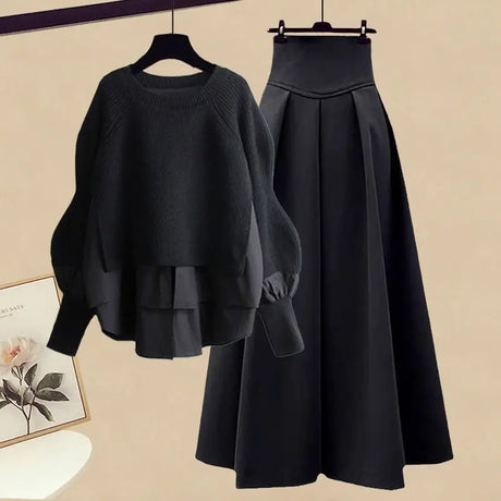 2023 Autumn/Winter New Korean Elegant Splice Fake Two Piece Knitted Sweater Dress Matching Set Women's Chic Pullover Skirt Set